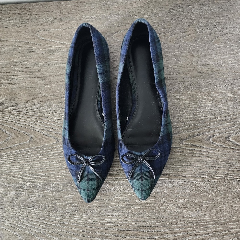 J.Crew Tartan Plaid Pointed Ballet Flats Green Navy Bow 6 Holiday Preppy